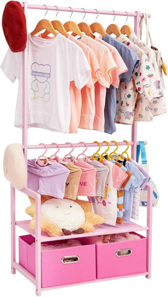 Kids Clothing Rack Bamboo with 2 Storage Baskets and 2 Adjustable Hanging Rods,Child Garment Holder with Shelf, Dress up Stand for Playroom,Toddlers Bedroom (Pink)