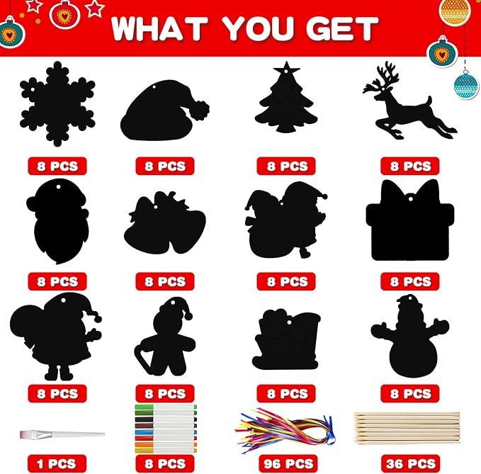 Max Fun Christmas Crafts Scratch Art for Kids, 96PCS Ornaments Rainbow Magic Color Scratch Off Cards Paper Hanging Art Craft Supplies Educational Toys Kit for Kid Party Favor