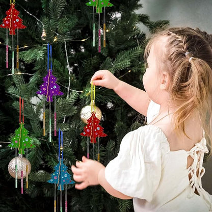 6 Pack Wind Chime Kit for Kids,Christmas Craft Kits DIY 3D Christmas Tree Wind Chime Unfinished Wooden Xmas Tree Ornaments for Boys Girls Activity Art Project Decor