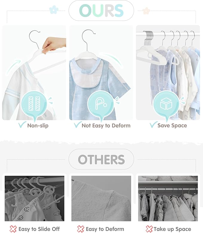 Baby Hangers, VIS'V 11 Inch White Velvet Kids Hangers with 6 Pcs Size Dividers Non Slip Nursery Children Closet Clothes Hangers for Infant Toddler Girls and Boys 50 Pcs