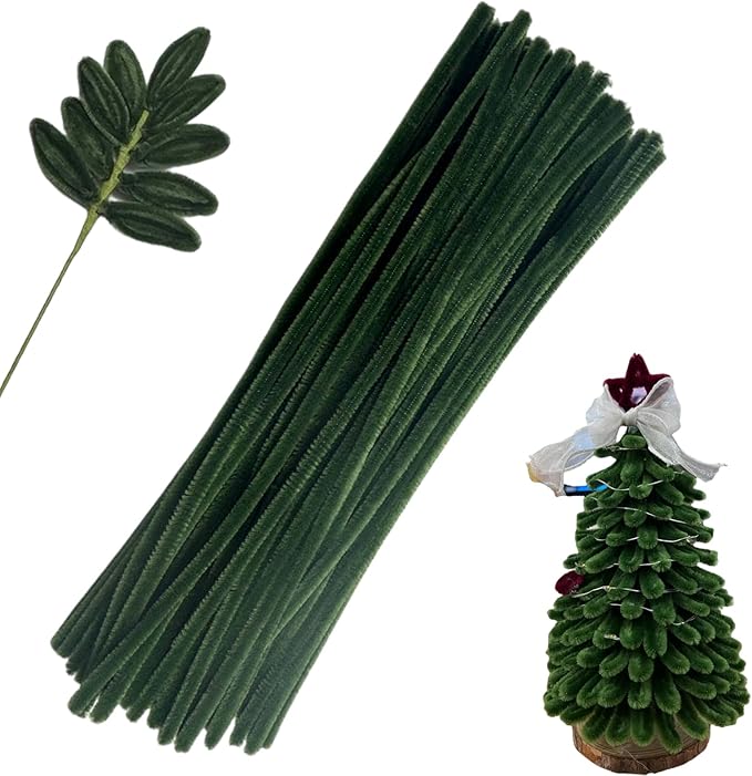 Swpohrat 100 Pieces Pine Green Pipe Cleaner Craft Set,Thick Fuzzy Chenille Stem Pipe Cleaners for DIY Craft Projects and Decorations