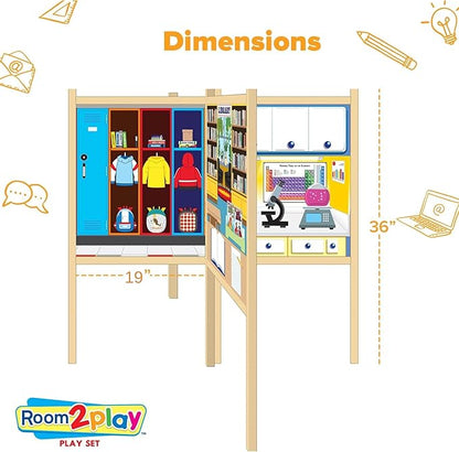 School Set - Large Kids School Pretend Play Set for Toddlers Ages 3+ Years –Wooden Toy Playset Folds Away for Easy Storage with 20 Fun & Interactive Pieces