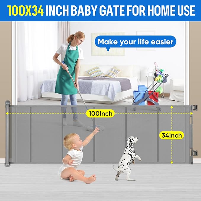 34X100” Extra Wide Retractable Baby Gate, Extra Wide Safety Kids or Pets Gate, 34” Tall, Extends to 100” Extra Wide, Mesh Safety Dog Gate for Stairs, Indoor, Outdoor, Doorways, Hallways