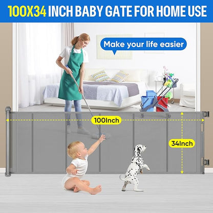 34X100” Extra Wide Retractable Baby Gate, Extra Wide Safety Kids or Pets Gate, 34” Tall, Extends to 100” Extra Wide, Mesh Safety Dog Gate for Stairs, Indoor, Outdoor, Doorways, Hallways