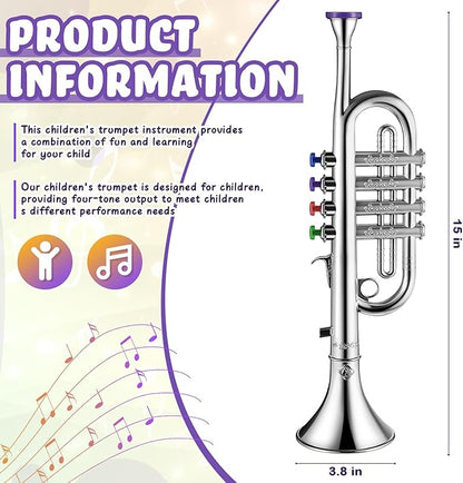 Lewtemi Silver Trumpet Musical Instruments Toy for Kid Toddler Fake Plastic Preschool Music Toy Gift Portable Wind Instrument Early Educational Teaching Songs Gifts for Toddlers Children