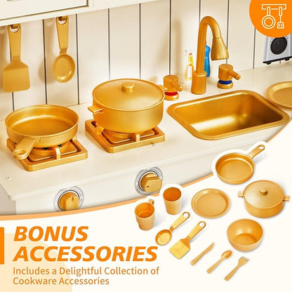 Play Kitchen for Kids, Wooden Play Kitchen with Fabric Storage Bins, Sink and Burner, Microwave Oven, Toy Kitchen Set with Plenty of Play Features Accessories, Gifts for Ages 3-8