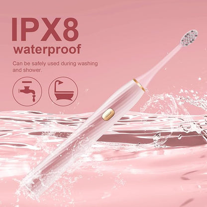 Electric Toothbrush for Adults and Kids, Sonic Electric Toothbrush, 4 Modes and 2 Minute Timer, 30000-45000VPM Power Toothbrush, IPX8, One Charge for 90 days 8 Replacement Head, Christmas Gift (Pink)