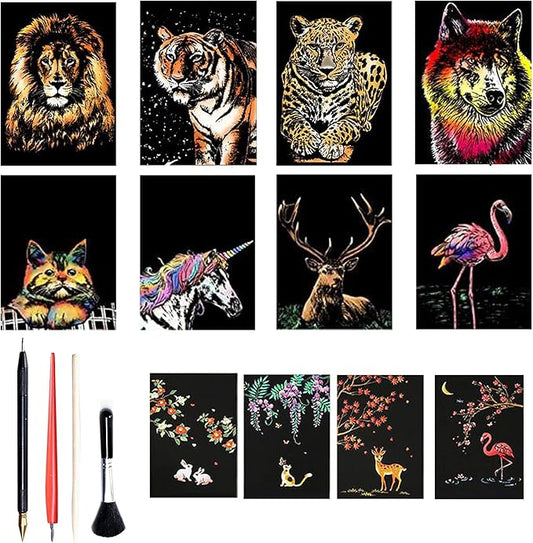 Georgie Porgy Scratch Paper Art A4 Set for Kids Adults Magic Rainbow Scratch Postcards Boards for DIY Arts and Crafts Kits Christmas Birthday Gift with Scratching Tools Kit (Magical Animals)