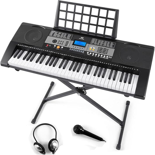 MUSTAR 61 Key Piano Keyboard, Electric Piano Keyboard with Lighted Up Keys, Learning Keyboards Piano for Beginners, Piano Stand, LCD Screen, Headphones, Microphone (Black)