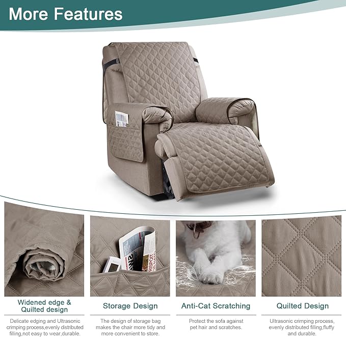 Ruaozz 100% Waterproof Recliner Chair Cover Non-Slip Reclining Cover for Recliner Chair Washable Chair Seat Cover with Elastic Straps for Kids, Dogs, Pets (Pale Brown, 23'')