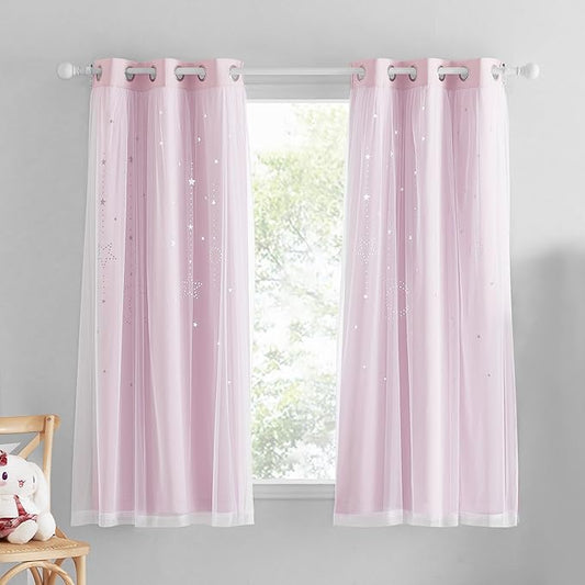 NICETOWN Baby Pink Blackout Curtains for Kid's Bedroom - Grommet Thermal Insulated Room Darkening Moon Stars Cutout Curtains for Living Room, Set of 2 Panels (34 x 63 Inch, Pink & Grey)