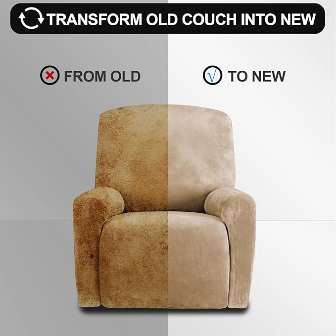 FestiCorp Recliner Chair Covers Real Velvet 4-Pieces Recliner Covers for Small Lazy Boy Recliner Chair Stretch Recliner Sofa Slipcovers Furniture Protector with Side Pocket & Elastic Bottom, Camel