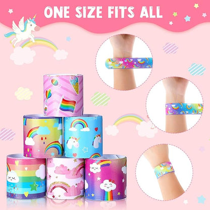 Junkin 24 Pcs Rainbow Party Favor Rainbow Slap Bracelets for Kids Wristbands Bracelets Cloud Party Favor Unicorn Rainbow Party Decoration Girl Boy Kid Baby Shower Party Supplies Magical Party (Lovely)