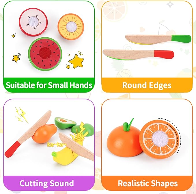 Fruit Sets - Kids Learning Toys for Toddlers 1-3, Play Kitchen Accessories Pretend Play Toys, Play Food Sets for Kids Kitchen, Wooden Fruit Preschool Toys for Girl Boy Christmas Birthday Gifts