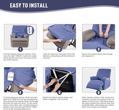 KinCam Recliner Covers, Stretch Reclining Chair Covers, Recliner Sofa Slipcovers Stripe Jacquard Recliner Couch Covers Furniture Protector Covers for Pet Kid (1 Seater, Lake Blue)