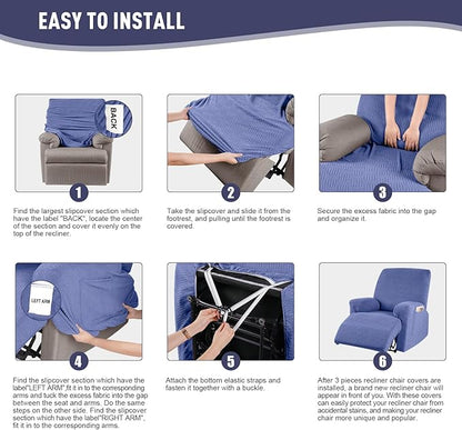KinCam Recliner Covers, Stretch Reclining Chair Covers, Recliner Sofa Slipcovers Stripe Jacquard Recliner Couch Covers Furniture Protector Covers for Pet Kid (1 Seater, Lake Blue)