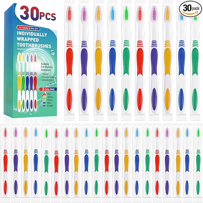 Navona 30 PCS Premium Individually Wrapped Bulk Toothbrush Pack, Disposable Toothbrush, Soft Toothbrush for Adult or Kid, Soft Bristle Toothbrush, Ergonomics Handle, Perfect for Travel,Hotel,Donation