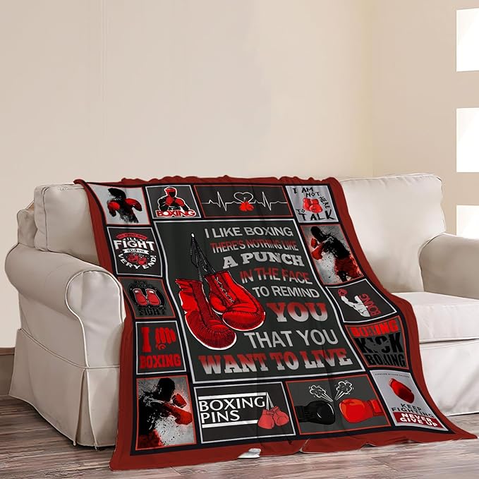 Boxing Throw Blanket Sports Theme Boxing Blanket Gifts for Boys Adult Men Boxing Gloves Pattern Bed Blanket Sports Games Room Decor Fighting Competition Pugilism Flannel Blanket for Couch 60"X80"