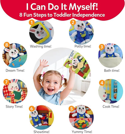 Busy Book for Toddlers 1-3, Montessori Quiet Book with 12 Activities and Attached Bunny, Soft Toddler Busy Board for Fine Motor Skills, Travel Toy Gift for 1+ Year Old Boys Girls