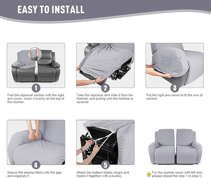 KinCam Recliner Covers, Stretch Reclining Chair Covers, Recliner Sofa Slipcovers Stripe Jacquard Recliner Couch Covers Furniture Protector Covers for Pet Kid (2 Seater, Silver Gray)