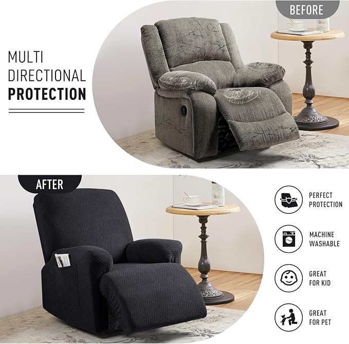 KinCam Recliner Covers, Stretch Reclining Chair Covers, Recliner Sofa Slipcovers Stripe Jacquard Recliner Couch Covers Furniture Protector Covers for Pet Kid (1 XL Seater, Black)