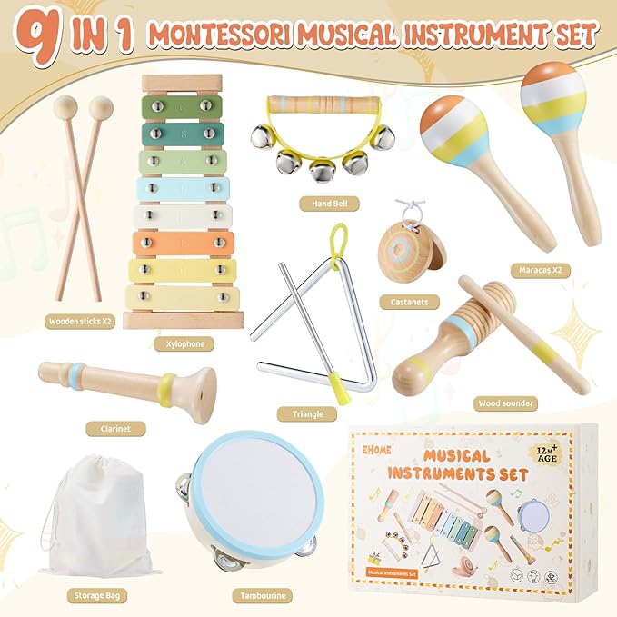 Baby Musical Instruments - Montessori Musical Toys for Toddlers 1-3 Musical Instruments for Toddlers 1-3 Neutral Colors Xylophone for Toddlers Gifts for Preschool Educational with Storage Bag