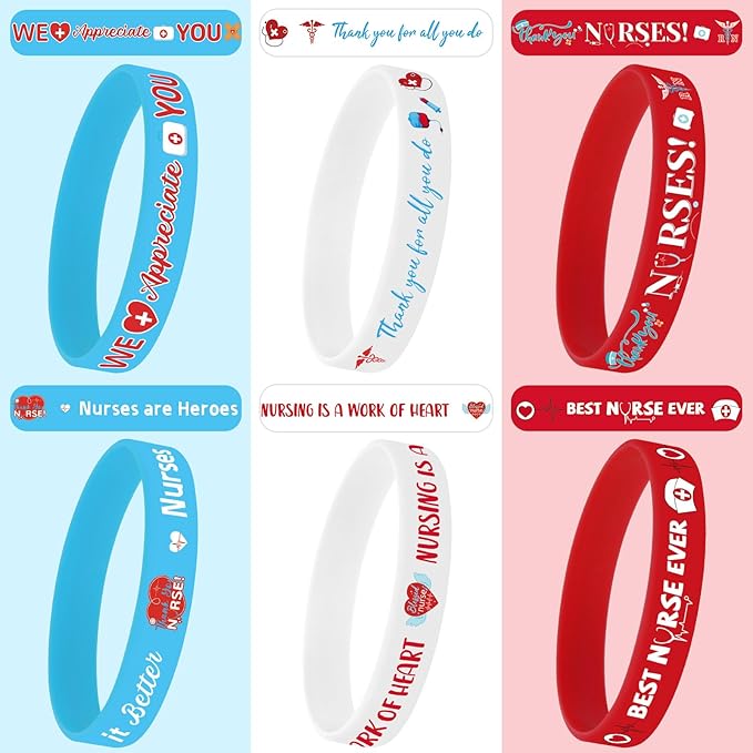 JUNEBRUSHS 42pcs Thank You Nurse Party Favors Silicone Bracelets Graduate Inspirational Rubber Wristbands Accessories for Nurse Appreciation Week Decorations Party Favors Supplies(6 Designs)