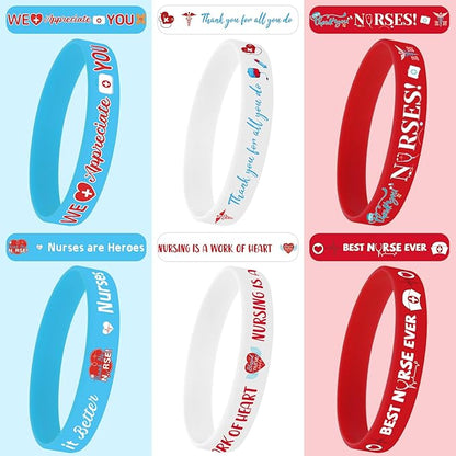 JUNEBRUSHS 24Pcs Nurse Inspirational Silicone Rubber Wristbands Bracelets for Nurse Appreciation Week Decorations Party Favors Supplies(6 Designs)