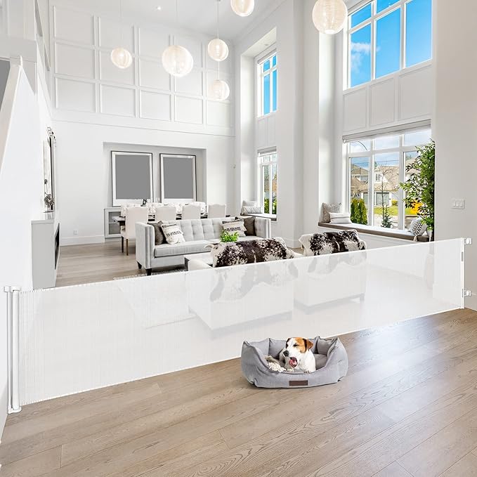 145 Inch Retractable Baby Gates Extra Wide Dog Gate for Extra Wide Openings Retractable Dog Gate Indoor Outdoor Retractable Gate Mesh Baby Gate Extra Long Baby Gate for Stairs, Doorways, White