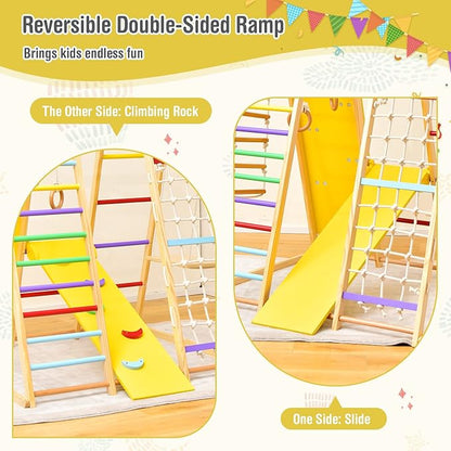 Costzon Indoor Jungle Gym, 8-in-1 Montessori Climbing Toys for Toddlers with Slide, Climbing Rock/Net, Monkey Bars, Indoor Wooden Playground Climber Playset for Kids 3-6 Years Birthday