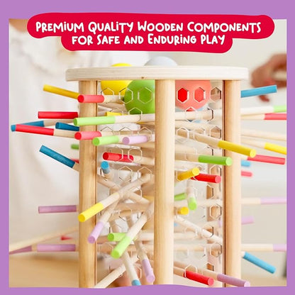 Nene Toys Ballfall, Montessori Toy from 3 Years - Educational Board Game with Colourful Sticks, Dice & Cards - Wooden Toy for Boys and Girls 3-9 Years - Children's Game from 3 Years