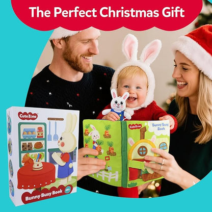 Busy Book for Toddlers 1-3, Montessori Quiet Book with 12 Activities and Attached Bunny, Soft Toddler Busy Board for Fine Motor Skills, Travel Toy Gift for 1+ Year Old Boys Girls