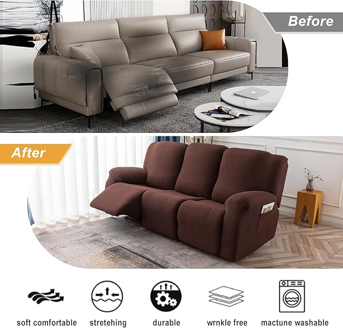 Genina Recliner Cover Stretch Couch Covers, Sofa slipcover for Reclining Couch Thick Jacquard Furniture Protector Washable (Chocolate, 3 Seat)