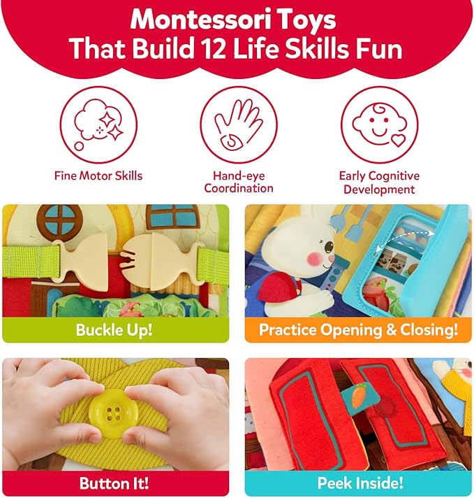Busy Book for Toddlers 1-3, Montessori Quiet Book with 12 Activities and Attached Bunny, Soft Toddler Busy Board for Fine Motor Skills, Travel Toy Gift for 1+ Year Old Boys Girls