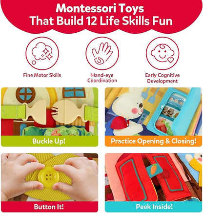 Busy Book for Toddlers 1-3, Montessori Quiet Book with 12 Activities and Attached Bunny, Soft Toddler Busy Board for Fine Motor Skills, Travel Toy Gift for 1+ Year Old Boys Girls