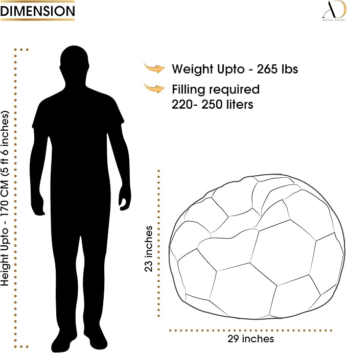 Ample Decor Soccer Bean Bag Cover (Filler Not Included), Leatherette Durable Double Stitched Material Sturdy Zippers, Ideal for Children and Teenagers - Yellow and Black