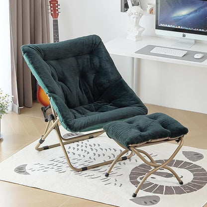 Comfy Saucer Chair with Ottoman, Oversized Folding Faux Fur Chair Soft Furry Lounge Lazy Chair with Metal Frame Moon Chair Accent Chair for Bedroom, Living Room, Dorm Rooms