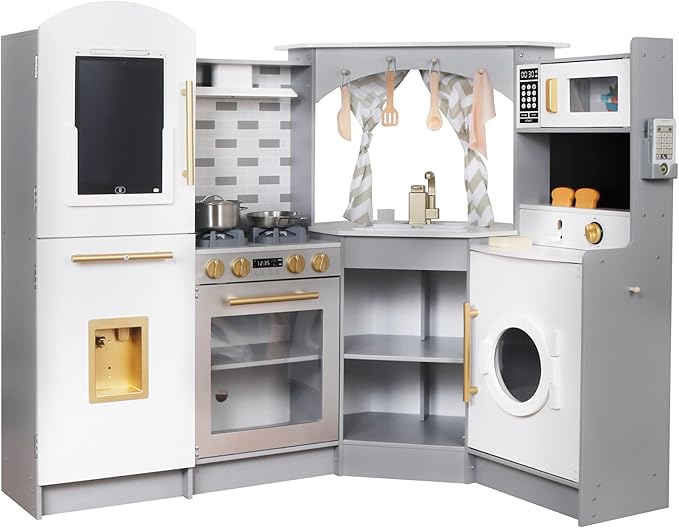 Large Wooden Corner Play Kitchen Sets with Ice Maker,Water Dispenser,Bread Maker,Washing Machine,Electronic Display,Toy Sink with Running Water,Stove with Light&Sounds, Birthday Gift for 3+Boys Girl