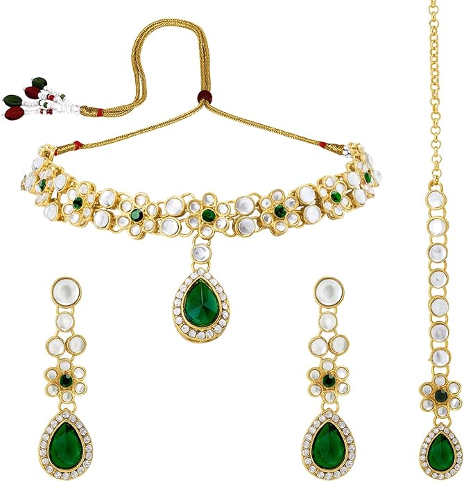Aheli Traditional Gold Plated Kundan Beads Studded Choker Necklace Dangle Earrings & Maangtikka Set Ethnic Fashion Jewellery Gift for Women