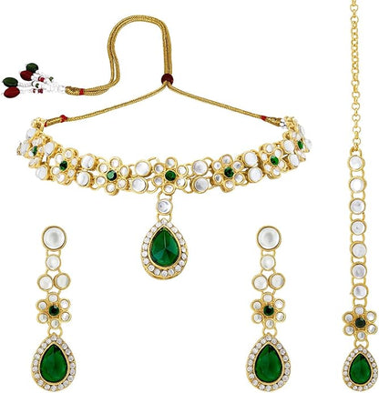 Aheli Traditional Gold Plated Kundan Beads Studded Choker Necklace Dangle Earrings & Maangtikka Set Ethnic Fashion Jewellery Gift for Women