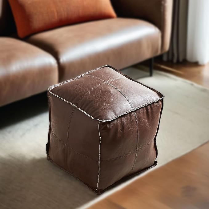 Louis Donné 18 inch Unstuffed Pouf Ottoman Faux Leather Pouffe Floor Chair Waterproof Foot Rest for Living Rooms Bedrooms & Kids Room or House Warming & Wedding Gifts (Brown Coffee, Square)Only Cover