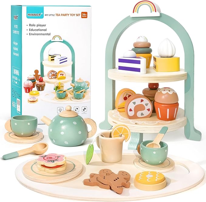 Tea Party Set for Little Girls with Cupcake Stand, Wooden Tea Set Toys for Girls Age 3 4 5 6 7 Year Old, Toddler Kids Kitchen Pretend Play Toys for Girls