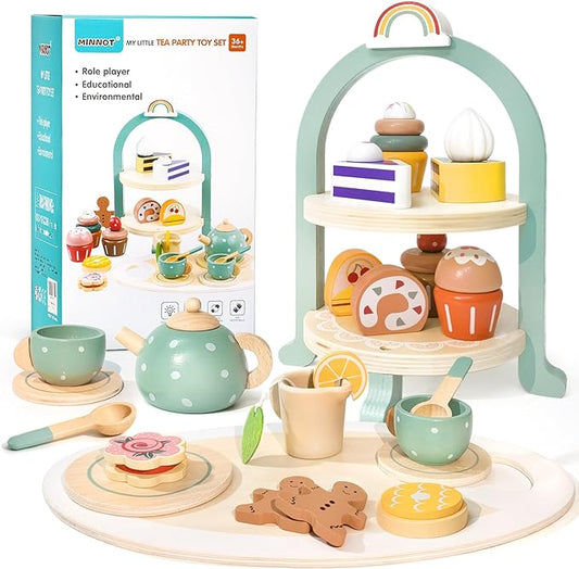 Tea Party Set for Little Girls with Cupcake Stand, Wooden Tea Set Toys for Girls Age 3 4 5 6 7 Year Old, Toddler Kids Kitchen Pretend Play Toys for Girls