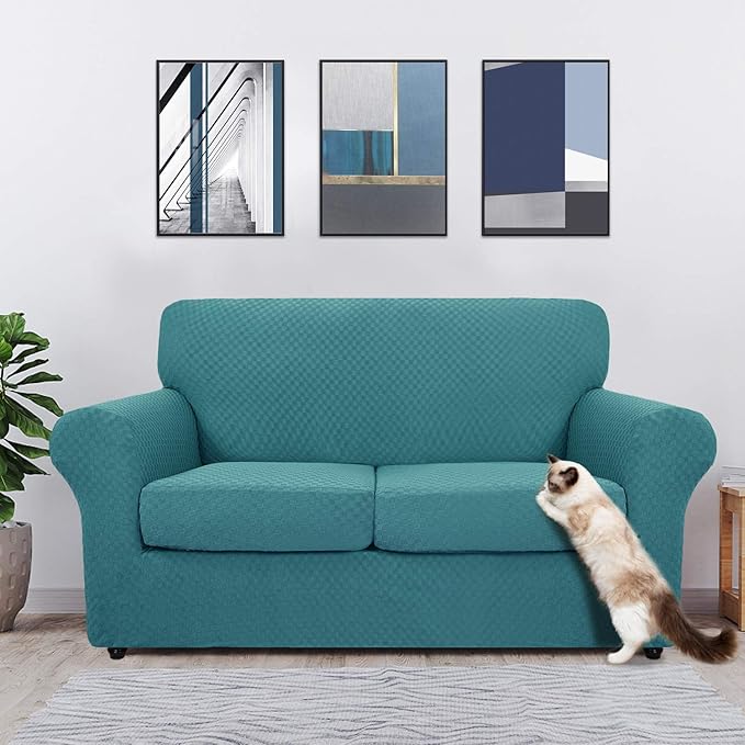 MAXIJIN 3 Piece Jacquard Couch Covers for 2 Cushion Couch Stretch Non Slip Love Seat Couch Cover for Dogs Pet Friendly Elastic Furniture Protector Loveseat Slipcovers (Loveseat, Peacock Blue)
