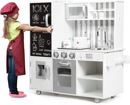 Mayjooy Kids Kitchen Playset, Wooden Play Kitchen w/7 Accessory Utensils, Blackboard, Sink, Stovetop, Sink, Cabinets, Fridge, Simulated Sound & Lights, Pretend Play Kitchen Set for Toddlers Boys Girls