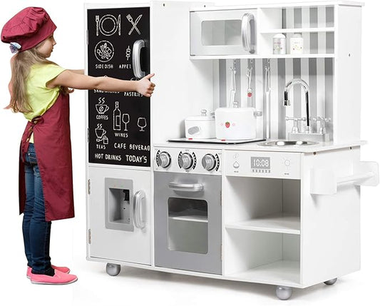 Mayjooy Kids Kitchen Playset, Wooden Play Kitchen w/7 Accessory Utensils, Blackboard, Sink, Stovetop, Sink, Cabinets, Fridge, Simulated Sound & Lights, Pretend Play Kitchen Set for Toddlers Boys Girls