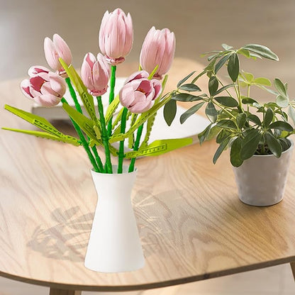 Flower Bouquet Building Toy Set Tulips, Botanical Building Blocks for Adults Home Office Decor Pink Color