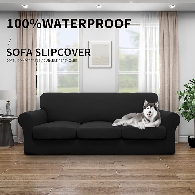 Easy-Going 100% Dual Waterproof Oversized Cover Stretch Soft Couch Cover for Dogs, Sofa Slipcover for 3 Separate Cushion Couch Leakproof Furniture Protector for Kids, Pets Black