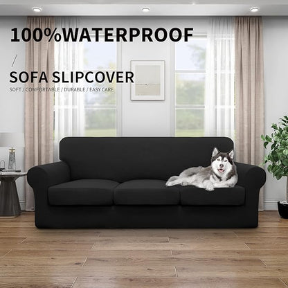Easy-Going 100% Dual Waterproof Oversized Cover Stretch Soft Couch Cover for Dogs, Sofa Slipcover for 3 Separate Cushion Couch Leakproof Furniture Protector for Kids, Pets Black
