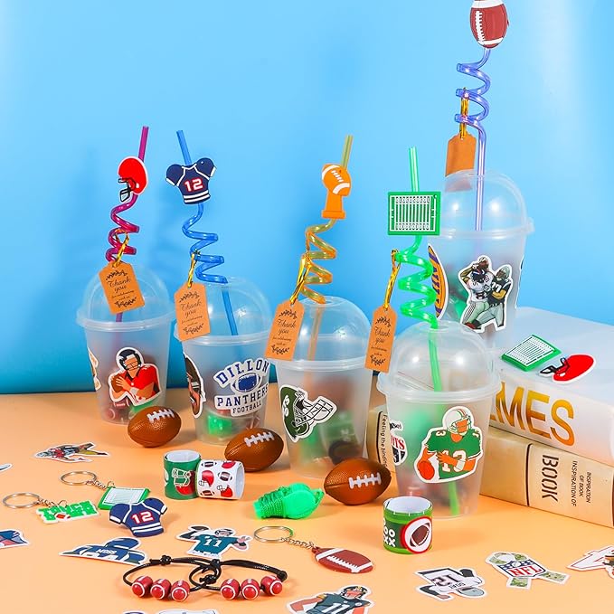 LiYiQ 158 Pcs Football Party Favors Football Party Supplies with Cup Straw Stress Ball Keychain Sticker Slaps Bracelets Whistle Thank You Tags for Football Birthday Decorations